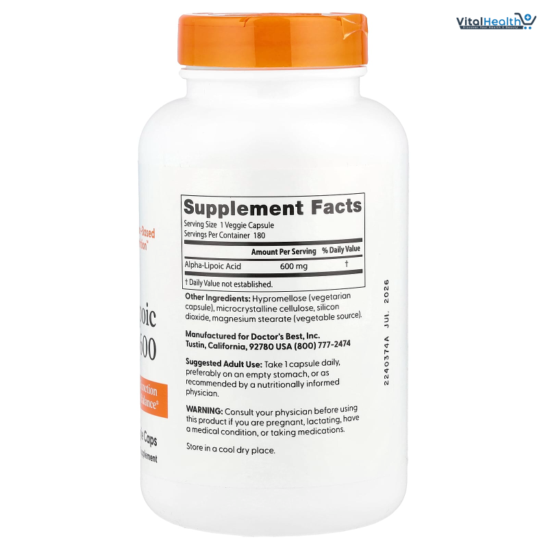 Doctor's Best Alpha-Lipoic Acid 600, Supports Antioxidant Function &amp; Glycemic Balances, Non-GMO, Gluten Free, Vegan, Soy Free, 600 mg, 60 Veggie Caps thumbnail 6