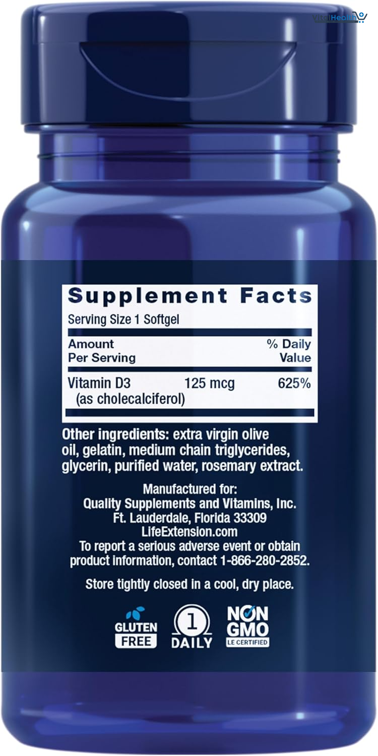 Life Extension Vitamin D3 125 mcg (5000 IU), 60 Softgels thumbnail 3