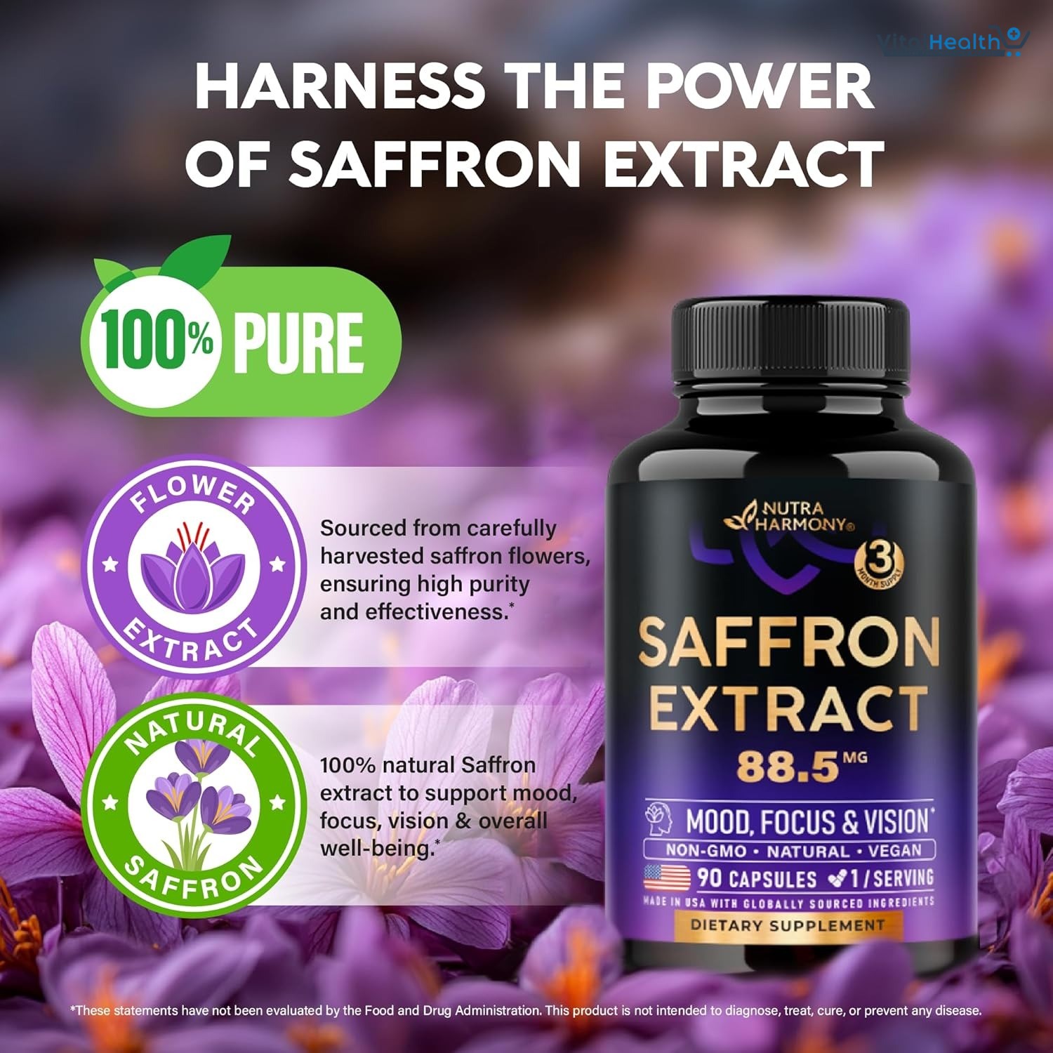 Natural Saffron Supplements - Pure Saffron Extract 88.5 mg - Made in USA - Mood | Focus | Vision | Energy Support - Eye Health for Women &amp; Men - NonGMO Vegan Pills - 90 Powder Capsules, 3 Month Supply thumbnail 2