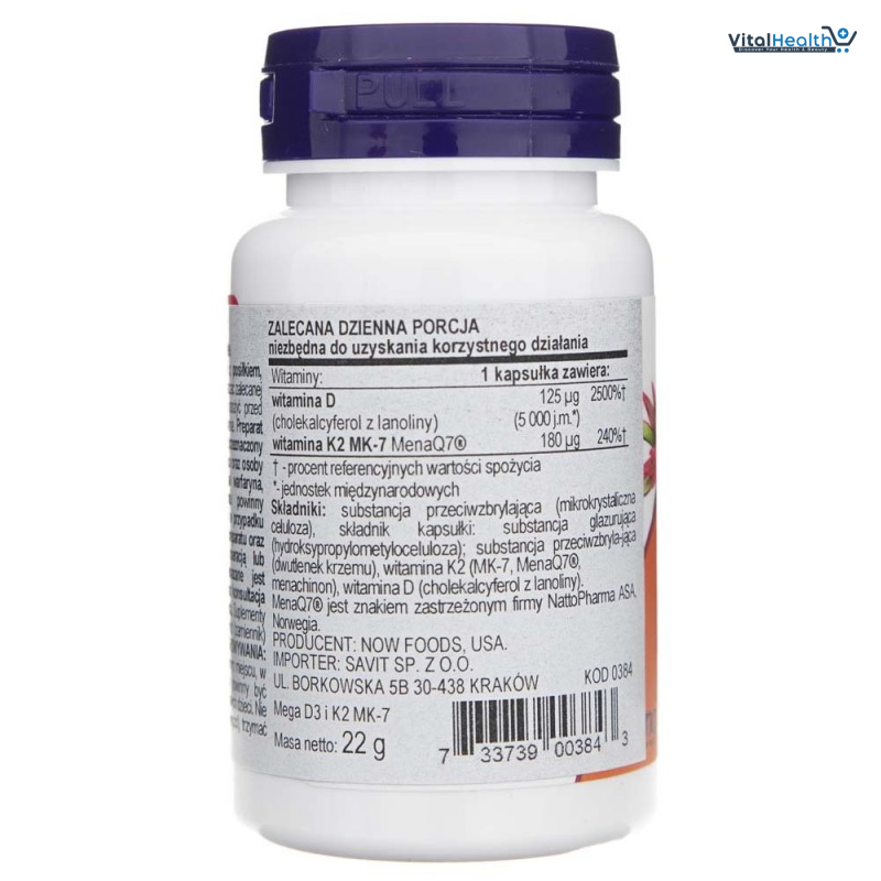 NOW Supplements, Mega D-3 &amp; MK-7, 5000 IU / 180 mcg, Bone &amp; Cardiovascular Support, Vitamins K-3 &amp; K-2, 120 Capsules thumbnail 2