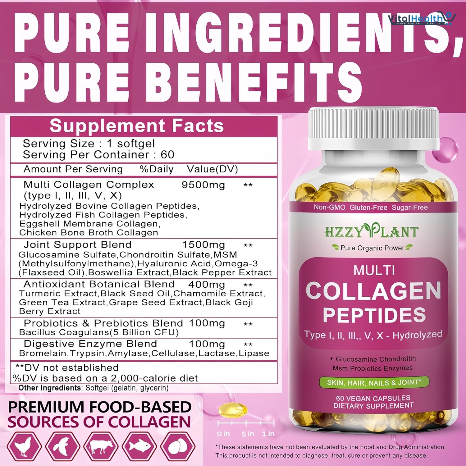 Multi Collagen Peptides Softgel - Type I, II, III, V, X - Hydrolyzed Collagen Peptides with Biotin Vitamin C Hyaluronic Acid for Women &amp; Men, Supports Skin Hair Nail &amp; Joint, Non-GMO, 60 Servings thumbnail 6