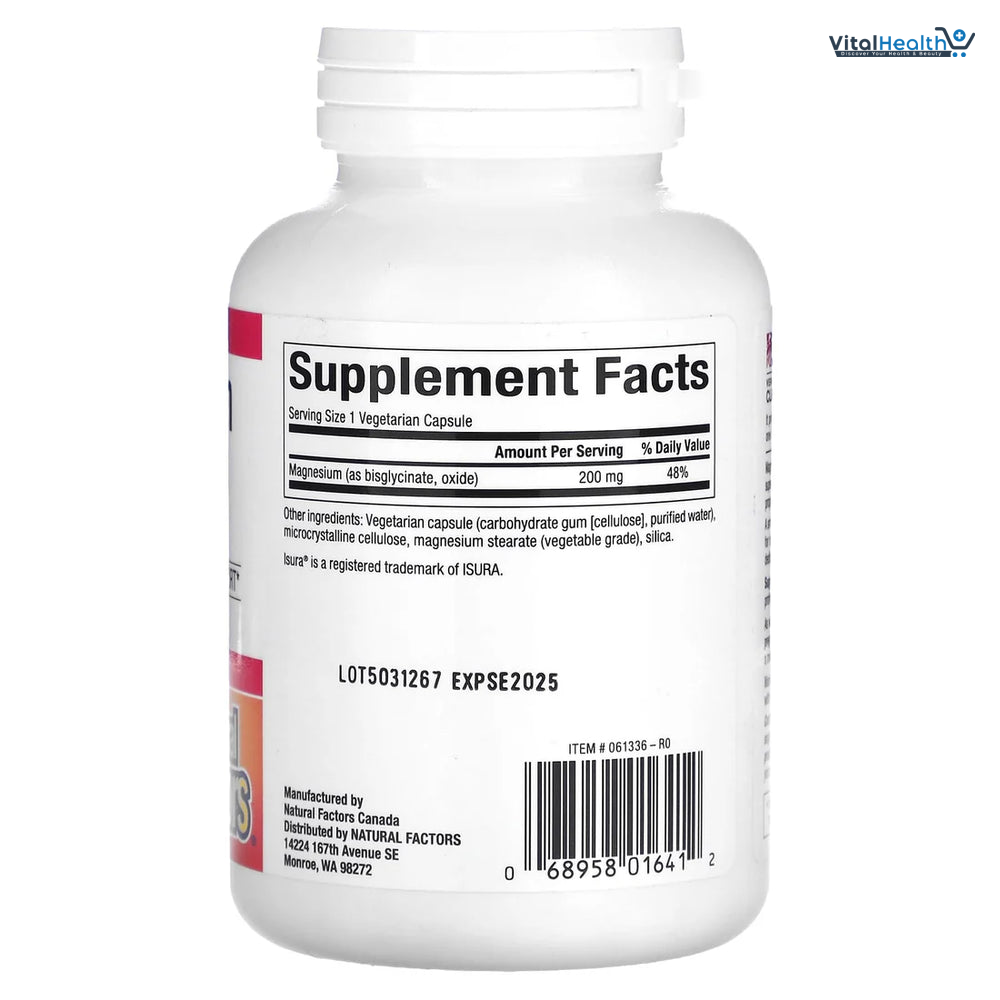 Natural Factors Magnesium Bisglycinate (Magnesium Glycinate) 200mg Pure, 250 Ct thumbnail 2