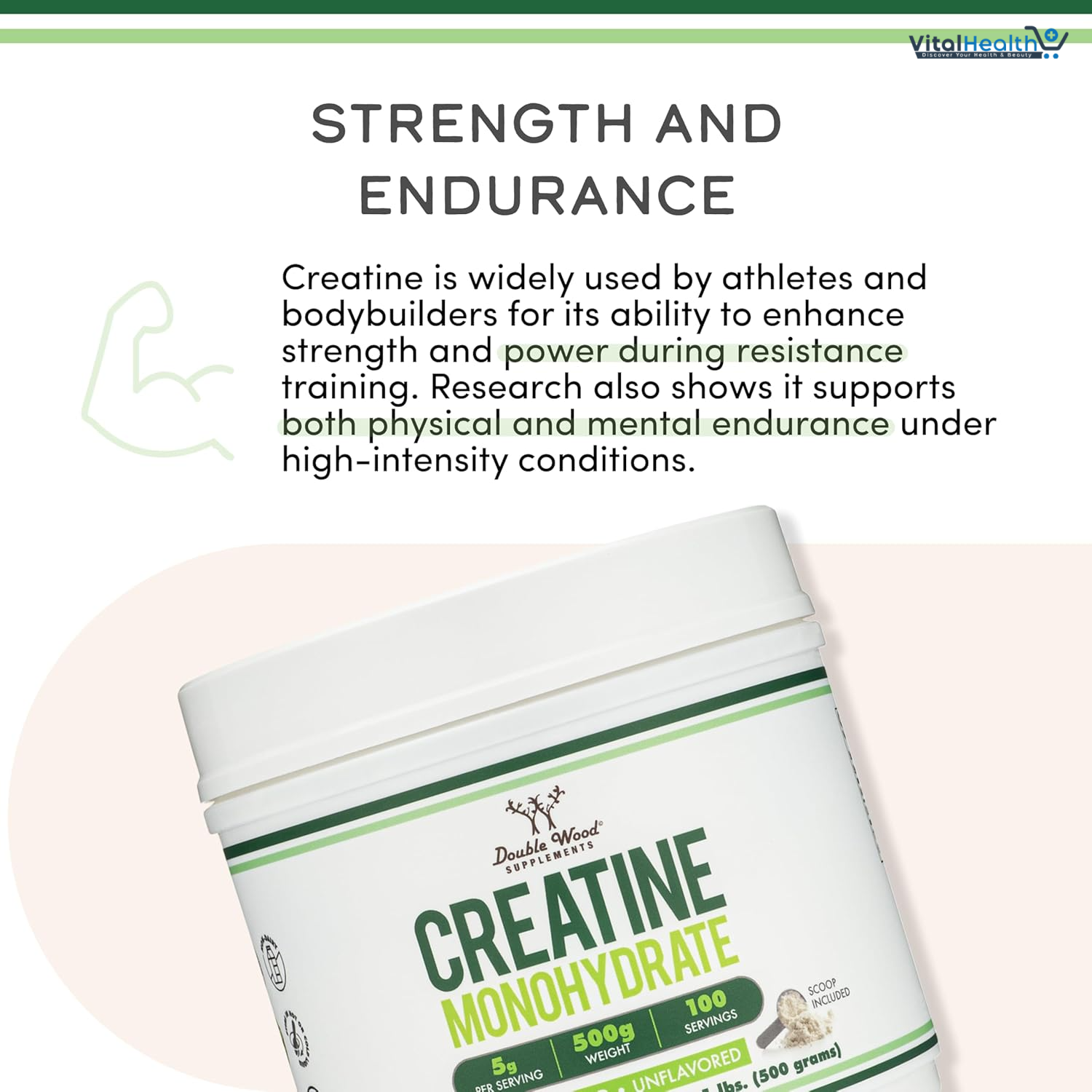 Double Wood Creatine Monohydrate Powder 1.1lbs (100 Servings of 5 Grams Each) - No Fillers, Vegan Safe, Non-GMO, Gluten Free thumbnail 2
