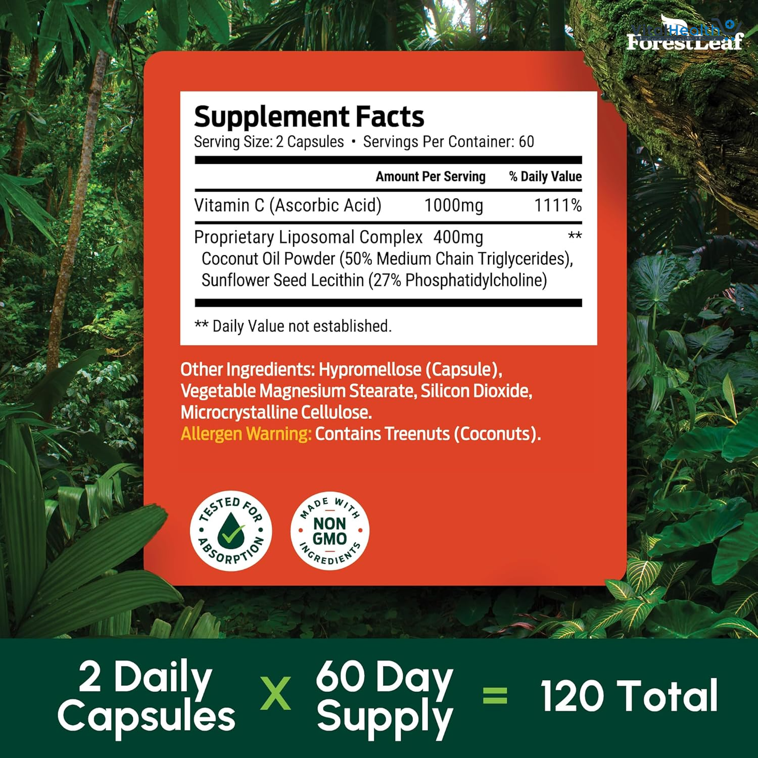 ForestLeaf Liposomal Vitamin C 1400mg Capsules | High Dose Vitamin C Liposomal Supplement w Coconut Oil Fatty Acids | 120 Vegan Cap thumbnail 2