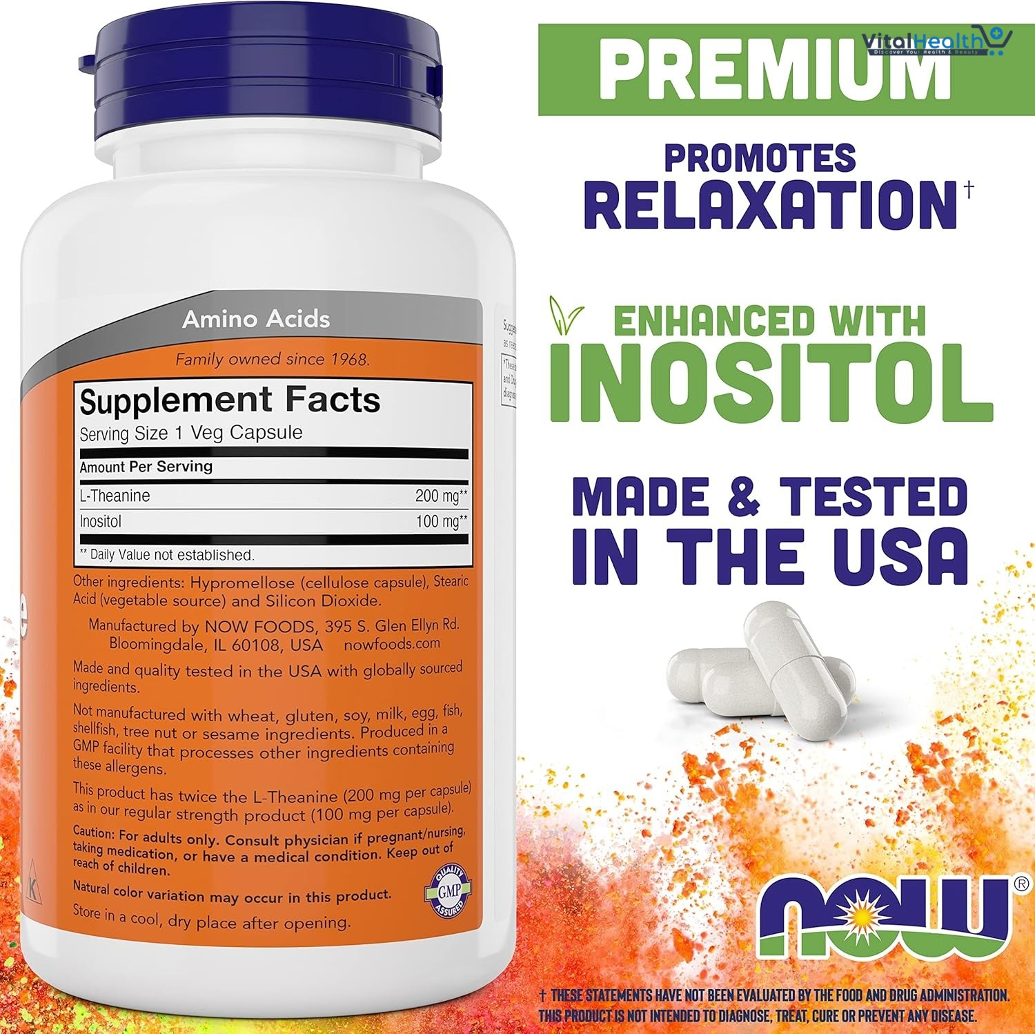 NOW Foods L-Theanine, Double Strength 200 mg Per Cap - 180 Veg Capsules - Enhanced with 100mg Inositol - Vegetarian, Non-GMO