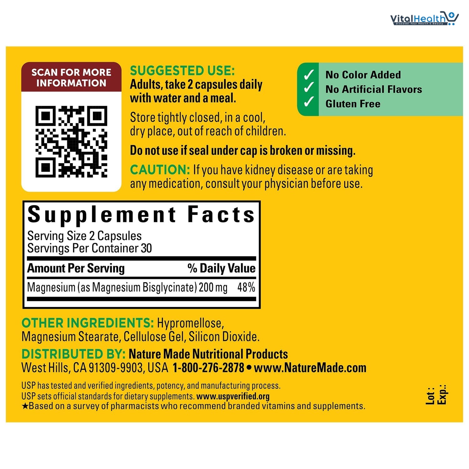 Nature Made Magnesium Glycinate 200 mg per serving, Magnesium Supplement for Muscle, Heart, Nerve and Bone Support, 180 Magnesium Bisglycinate Capsules, 90 Day Supply