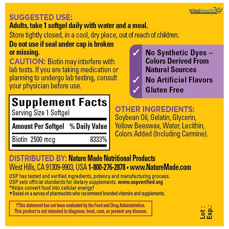 Nature Made Maximum Strength Biotin 2500 mcg, Dietary Supplement may help support Healthy Hair, Skin &amp; Nails, 90 Softgels