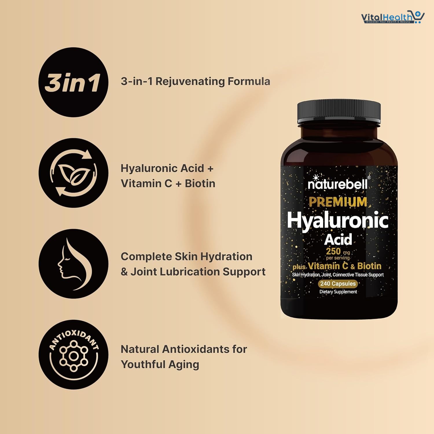 NatureBell Hyaluronic Acid Supplements 250mg | 240 Capsules, with Biotin 5000mcg &amp; Vitamin C 25mg, 3 in 1 Support - Skin Hydration, Joint Lubrication, Hair and Eye Health