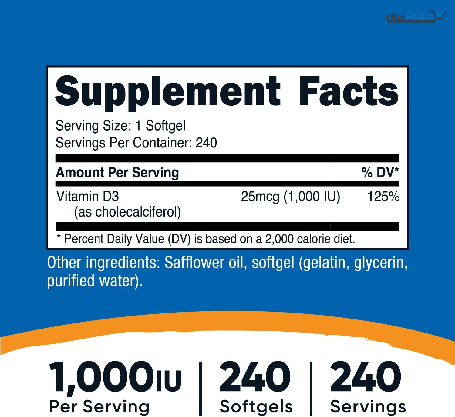 Nutricost Vitamin D3 1000 iu Softgels, 240 Softgels - Non-GMO &amp; Gluten Free
