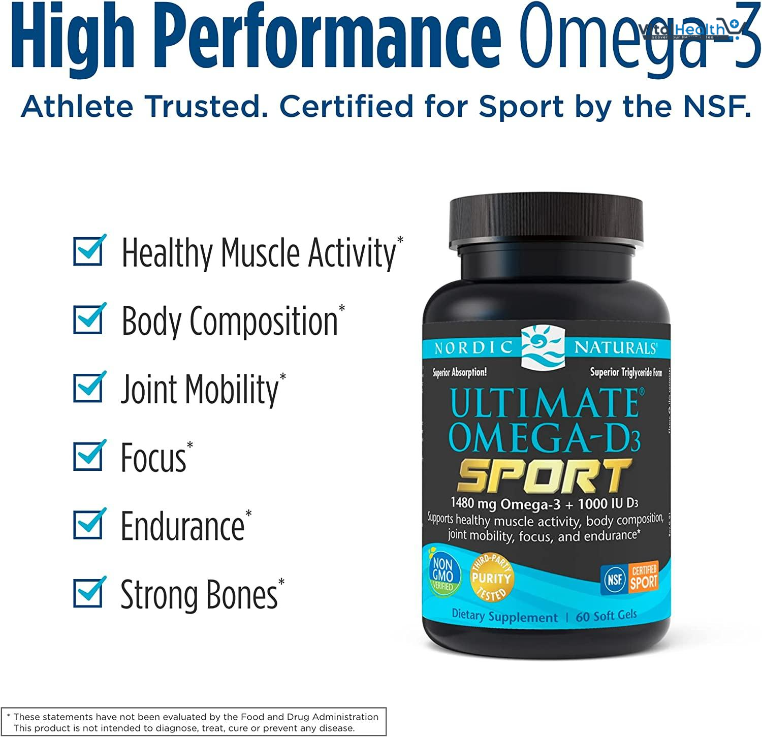 Nordic Naturals Ultimate Omega-D3 Sport, Lemon - 60 Soft Gels - 1480 mg Omega-3 + 1000 IU Vitamin D3 - NSF Certified - Supports Muscle, Bones, Focus &amp; Endurance