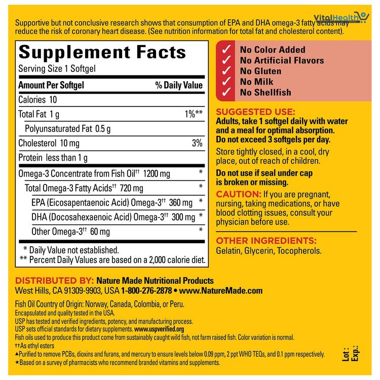 Nature Made Omega-3 Fish Oil 1200 mg 100 Softgels