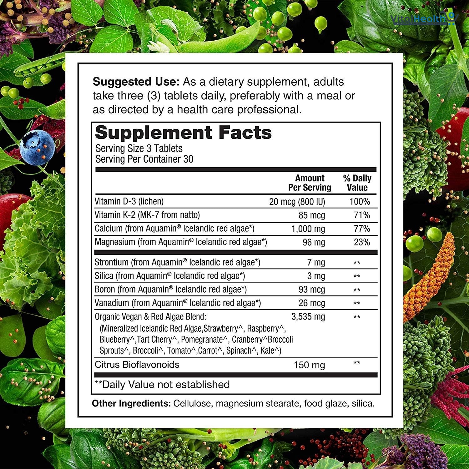 PlantFusion Vegan Calcium, Premium Plant Based Calcium (1000mg) Sourced from Icelandic Red Algae, Plus Magnesium, D3, K2, and Boron, 90 Vegan Tablets