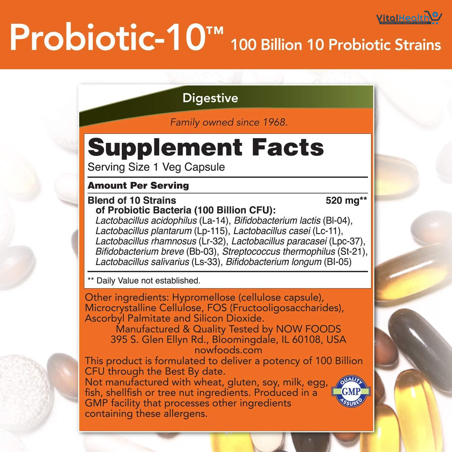 NOW Foods Supplements, Probiotic-10™, 100 Billion, with 10 Probiotic Strains,Dairy, Soy and Gluten Free, Strain Verified, 30 Veg Capsules