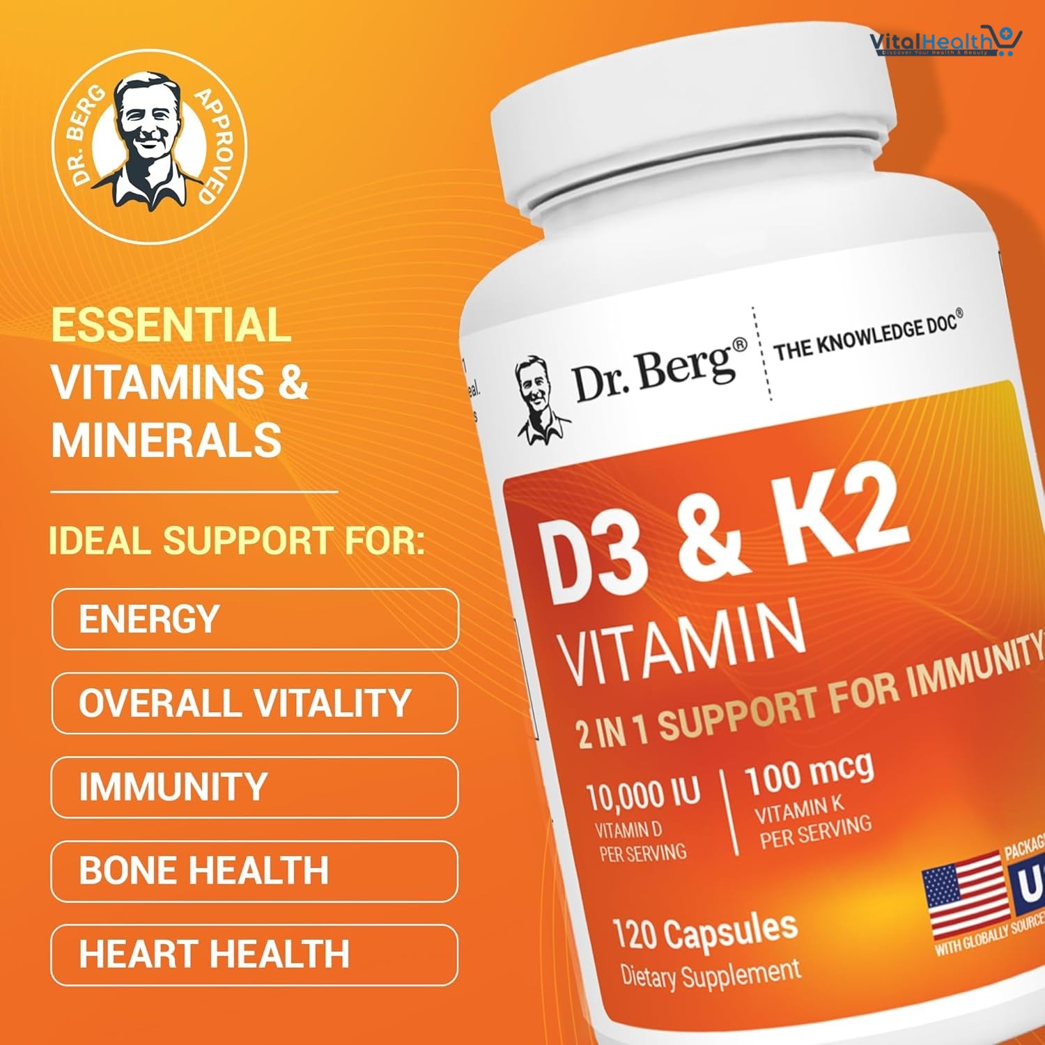 Dr. Berg D3 &amp; K2 Vitamin 10,000 IU _1000 MCG 120 Capsules