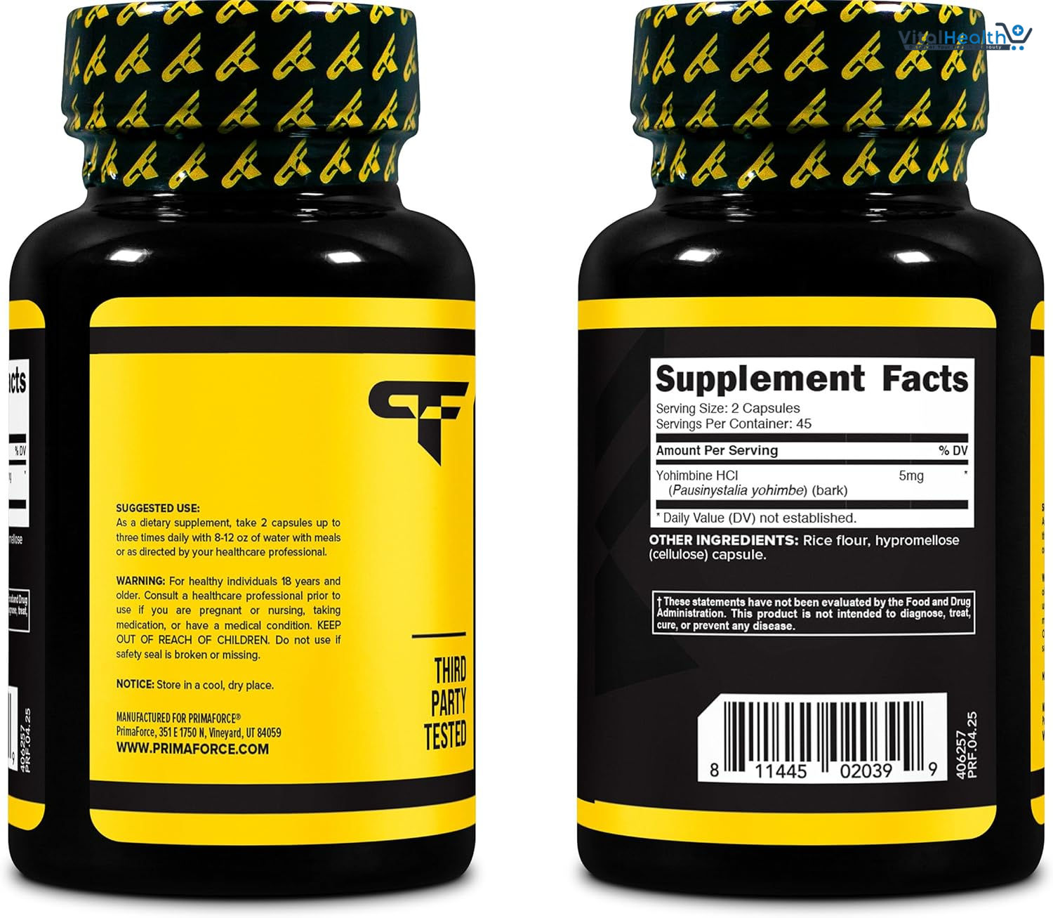 PrimaForce Yohimbine HCl 2.5mg, 90 Capsules - Premium Supplement, Boosts Performance, Zero Fillers, Non-GMO and Gluten Free