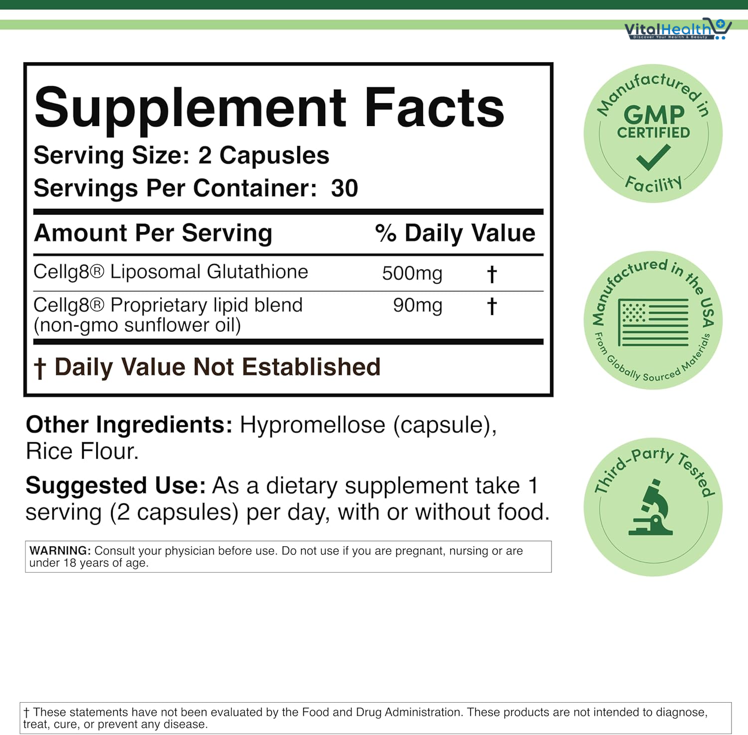 Liposomal Glutathione Supplement 500mg per Serving, 60 Capsules (Vegan Safe, Non-GMO) Max Absorption Liposomal Glutathione with Genuine Smell and Taste by Double Wood