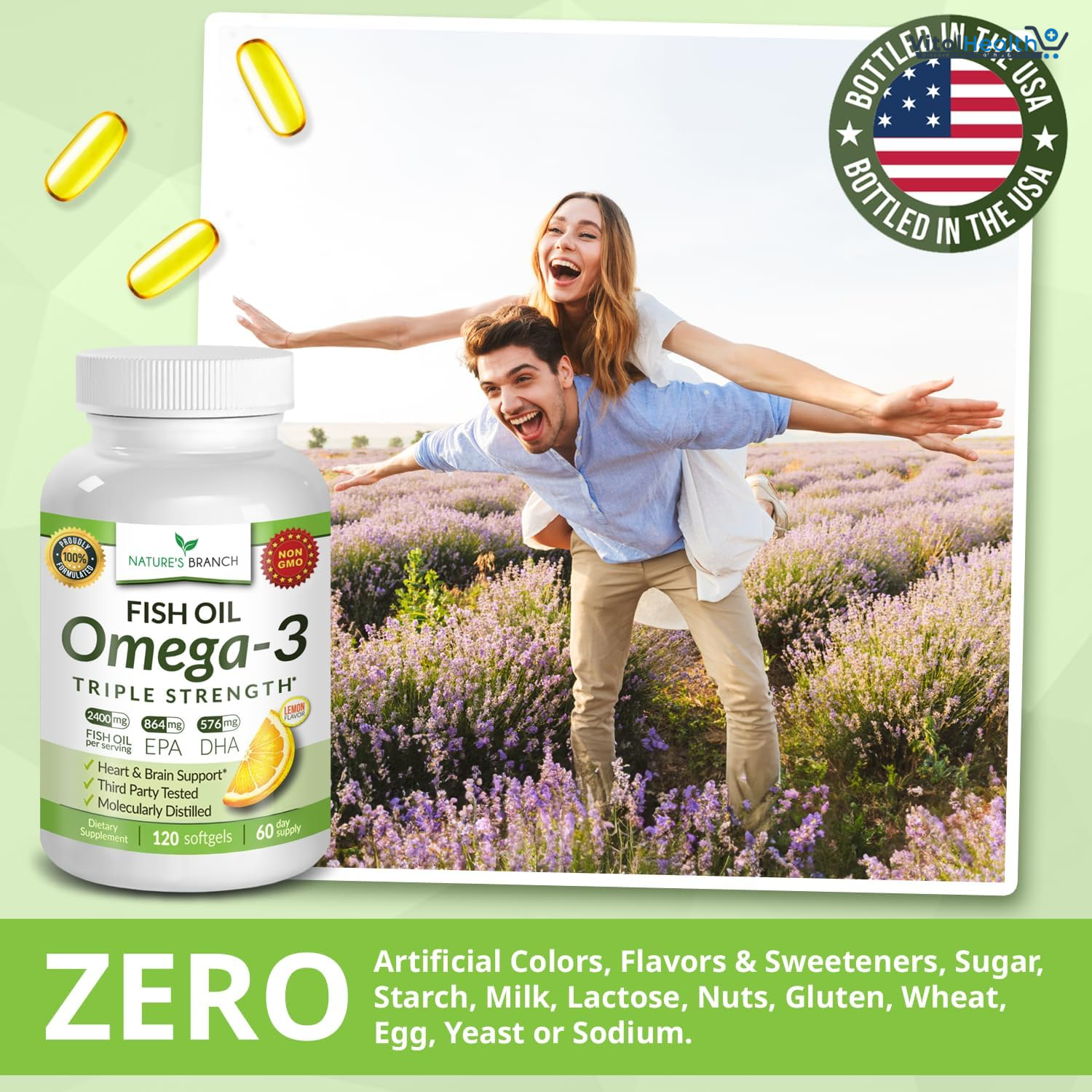 Triple Strength Omega 3 Fish Oil Supplements 2400mg | 180 Capsules, Burpless High Potency Lemon Flavor, High EPA DHA for Men &amp; Women