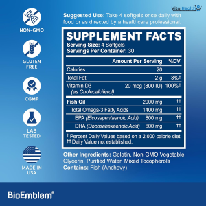 BioEmblem Omega-3 Fish Oil 2000mg - Small Size Softgels, High Absorption Form, Sustainable - 1400mg EPA &amp;DHA Plus Vitamin D3, Non-GMO, Heart, Joint, &amp; Brain Health Fish Oil Supplement, 120 Ct