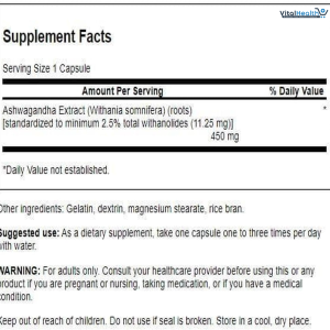 Swanson Ashwagandha Extract - Natural Supplement Promoting A Healthy Stress Response, Energy Support &amp; Nervous System Health - Ayurvedic Supplement for Natural Wellness - (60 Capsules, 450mg Each)
