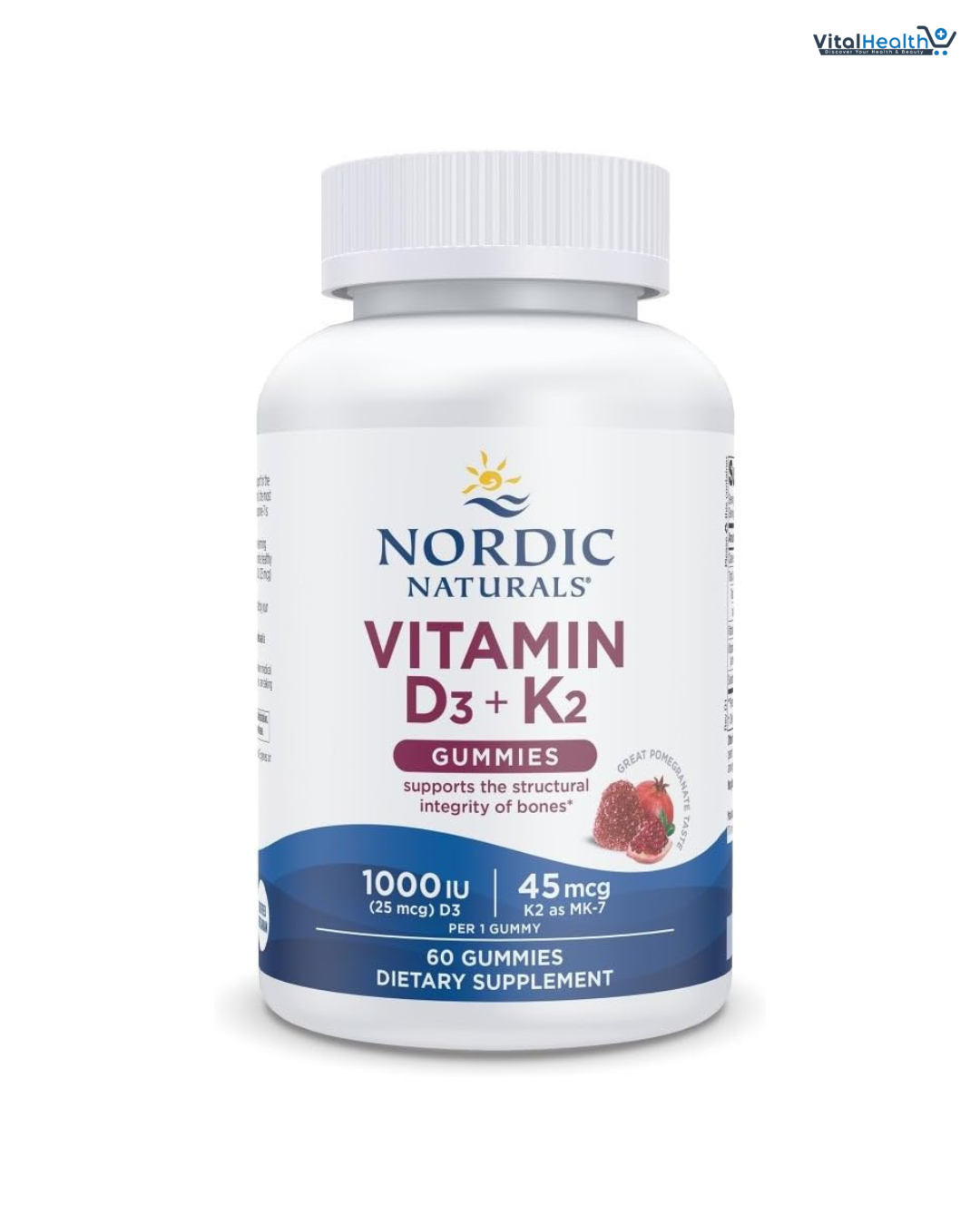 Nordic Naturals Vitamin D3 + K2 Gummies, Pomegranate - 60 Gummies - 1000 IU Vitamin D3 + 45 mcg K2 - Great Taste - Bone Health, Promotes Healthy Muscle Function - Non-GMO - 60 Servings