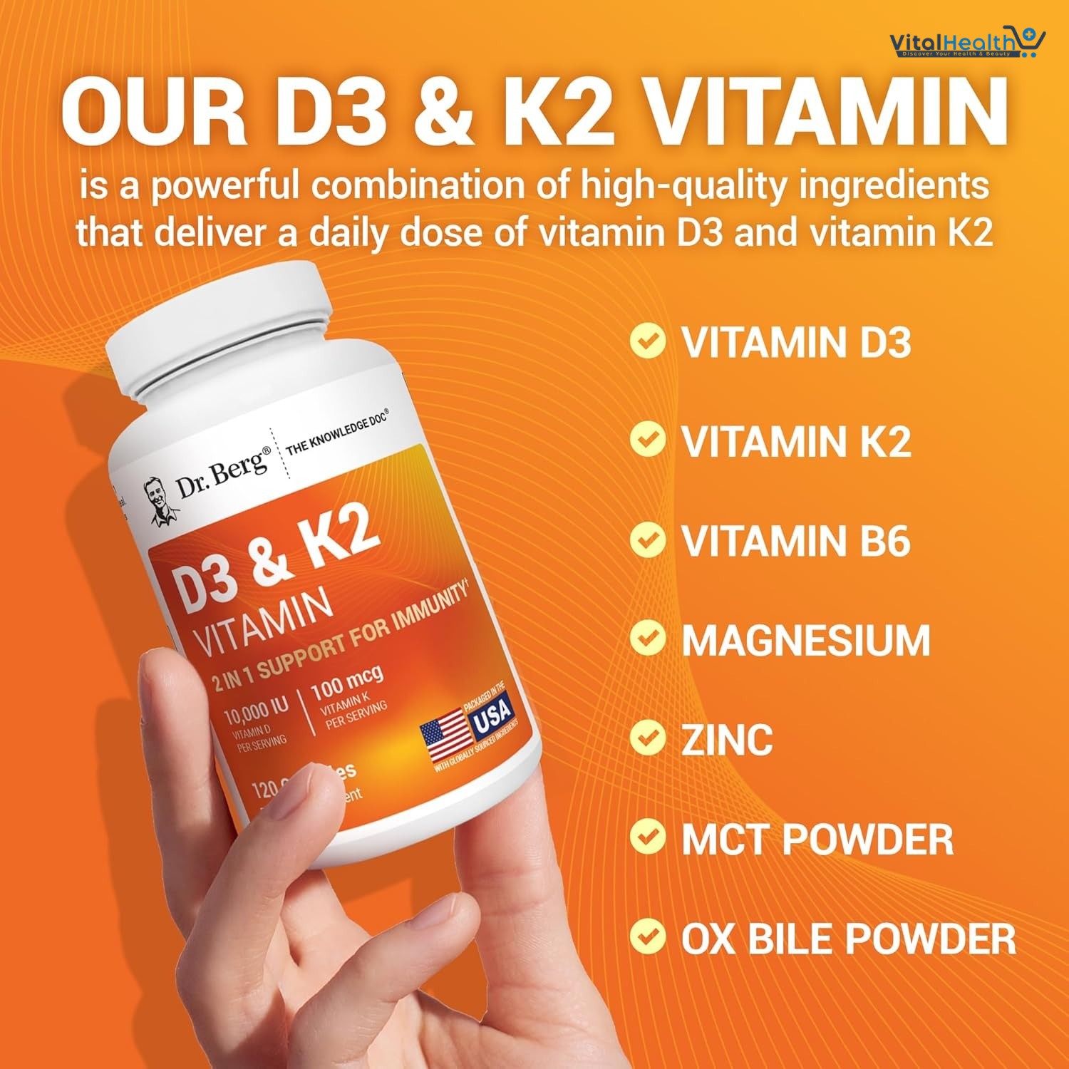 Dr. Berg D3 & K2 Vitamin 10,000 IU _1000 MCG 120 Capsules