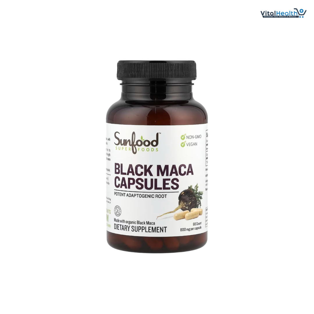 Sunfood Superfoods Black Maca Capsules | Non-GMO, Vegan | | Pure Single Ingredient Product | Ultra Clean (No Additives, Fillers, Preservatives) | 90 count | 800 mg per Capsule