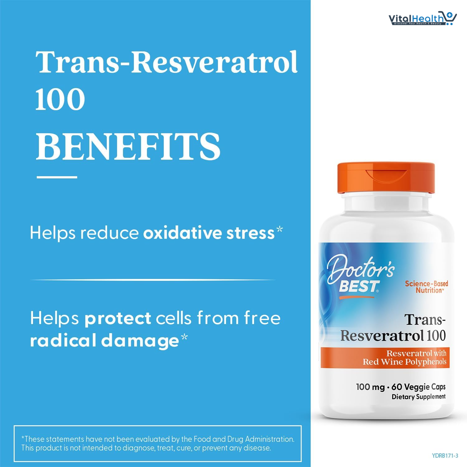Doctors Best Trans-Resveratrol 100, Resveratrol with Red Wine Polyphenol (ResVinol), Non-GMO, Gluten Free, Soy Free, Vegan 60 Veggie Caps