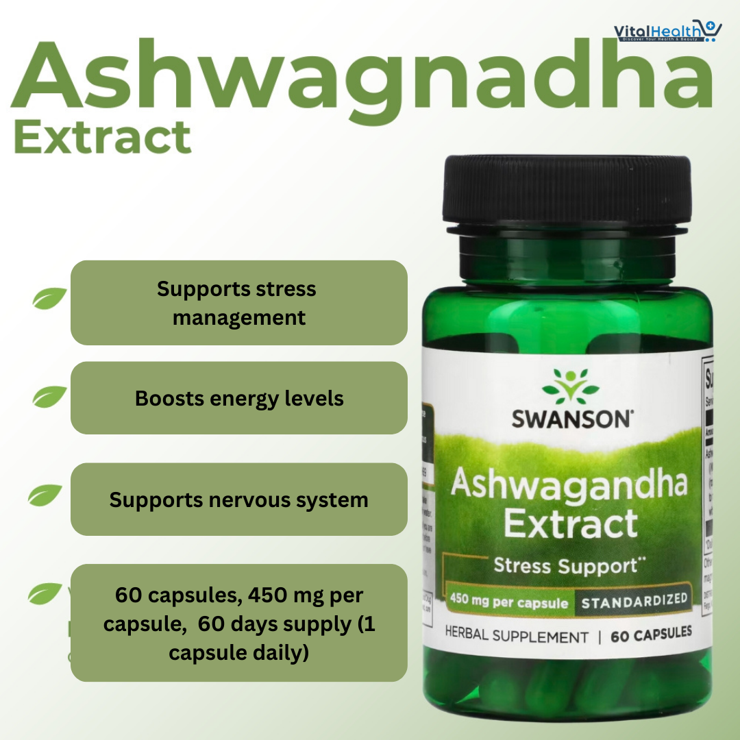 Swanson Ashwagandha Extract - Natural Supplement Promoting A Healthy Stress Response, Energy Support & Nervous System Health - Ayurvedic Supplement for Natural Wellness - (60 Capsules, 450mg Each)