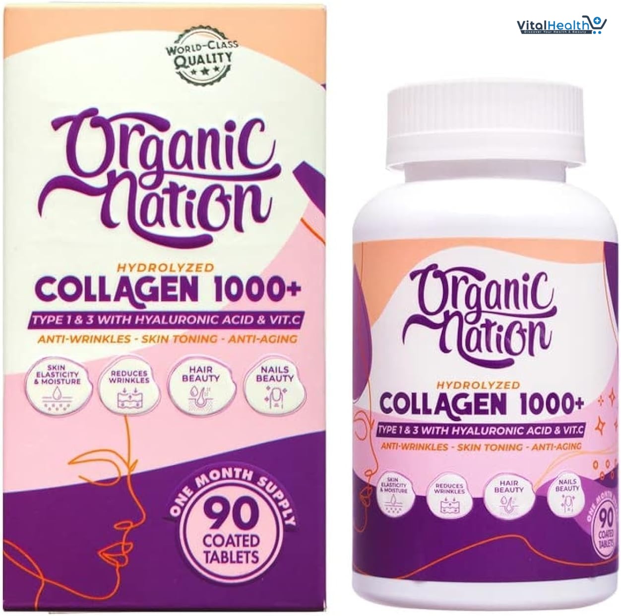 ORGANIC NATION Hydrolyzed Collagen 1000+ 90 Coated Tablets | For Silky Smooth Skin | Anti-Wrinkles | Anti-Aging With Hyaluronic Acid and Vitamin C