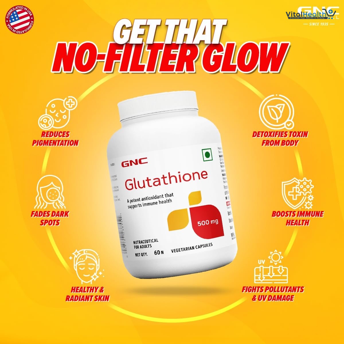GNC Glutathione 500mg With Vitamin C For Clear & Radiant Skin | 60 Veg Capsules | Reduces Dark Spots & Melanin Pigmentation | Boosts Immunity | Fights Pollution & UV Damage | For Men & Women| Formulat