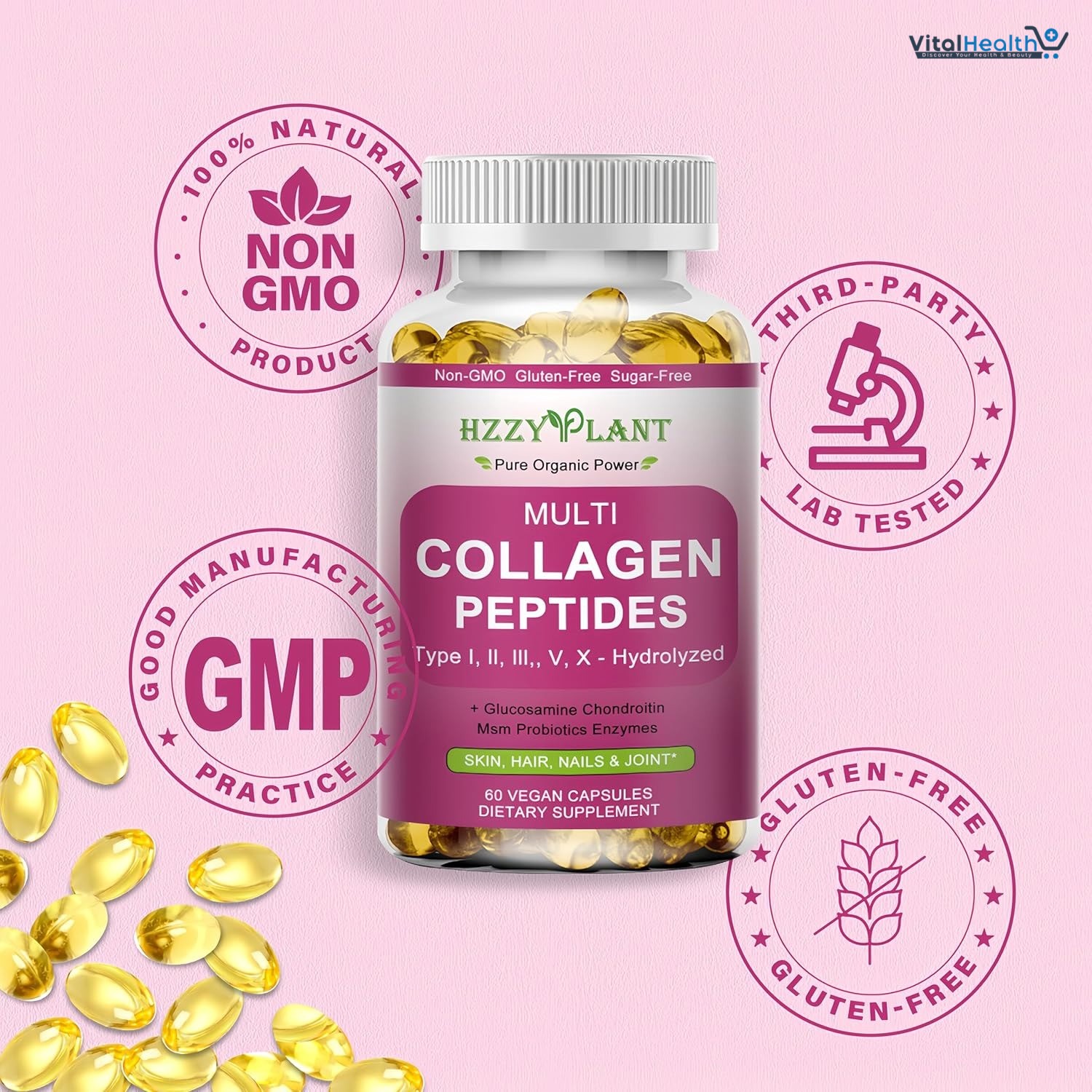 Multi Collagen Peptides Softgel - Type I, II, III, V, X - Hydrolyzed Collagen Peptides with Biotin Vitamin C Hyaluronic Acid for Women & Men, Supports Skin Hair Nail & Joint, Non-GMO, 60 Servings