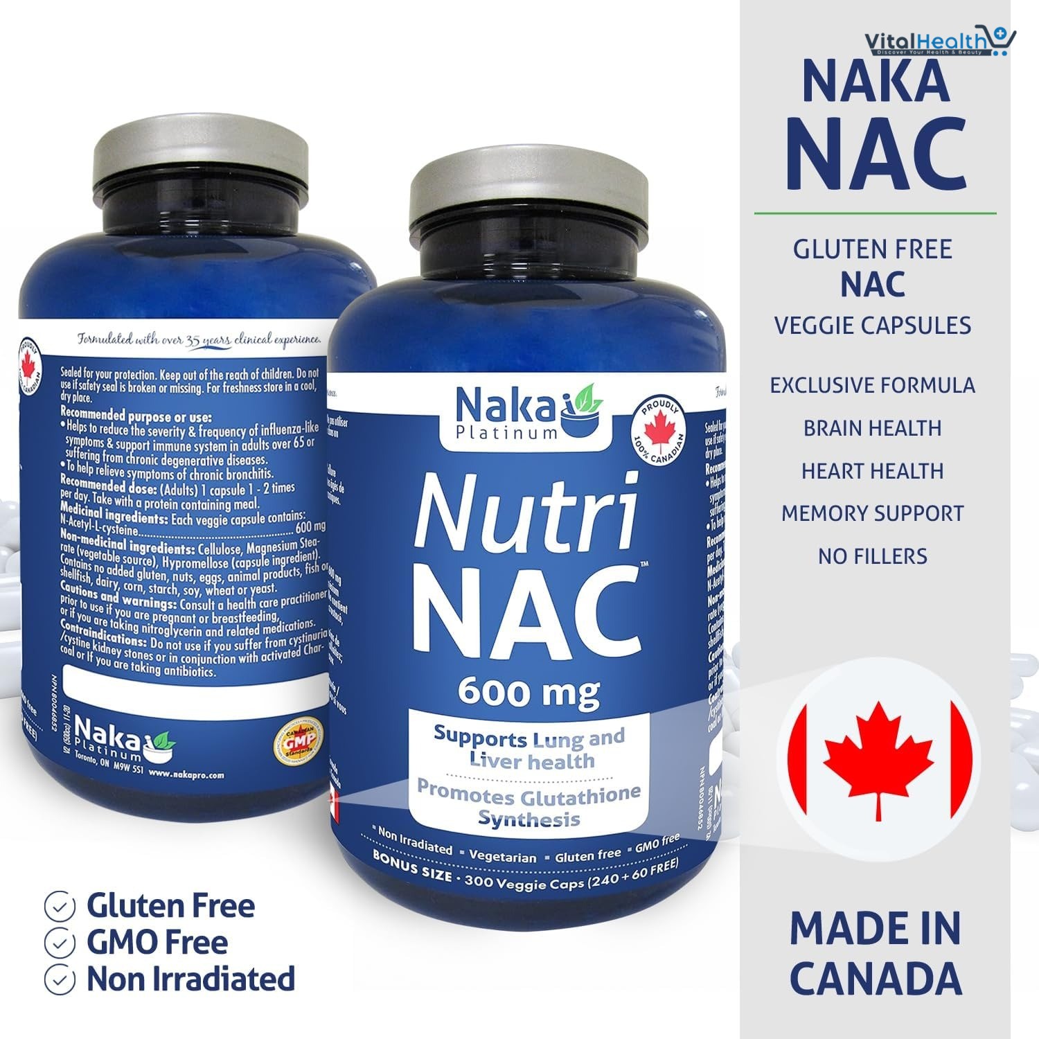 Naka Platinum Nutri NAC 600mg  300 Veggie Capsules - Exclusive Size: 240 + 60 Free