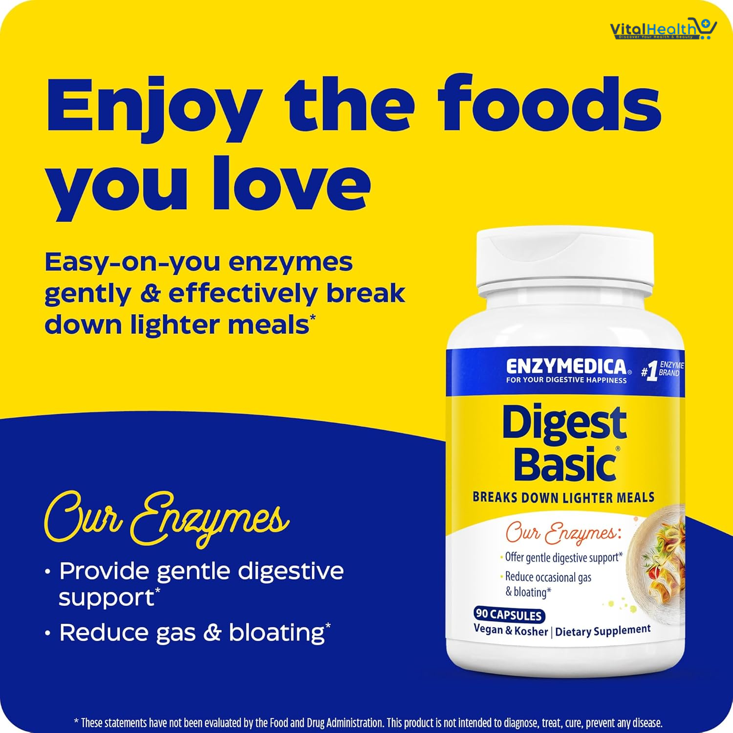 Enzymedica Digest Basic, Digestive Enzymes for Sensitive Stomachs, Offers Fast-Acting Gas & Bloating Relief, 90 Count