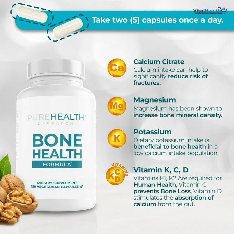 PUREHEALTH RESEARCH Bone Health Formula Calcium & Magnesium Supplement - with Iron, Zinc, Copper, Vitamin D, C, K2 & More - Bone & Joints Vitamins for Women & Men, 150 Capsules