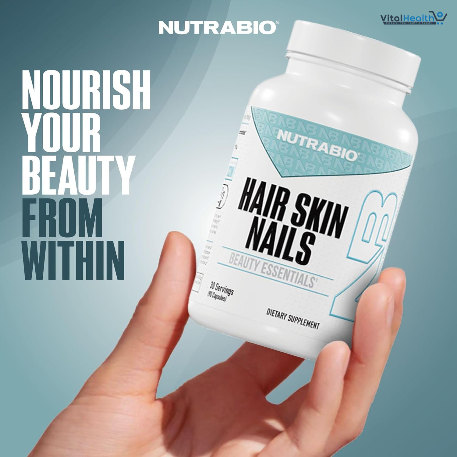 NutraBio Hair Skin Nails Vitamins| Enhanced Collagen Support | Skin Hydration | Hair Growth Vitamins I for Women with Biotin, Keratin, Hyaluronic Acid & More- 90 Capsules