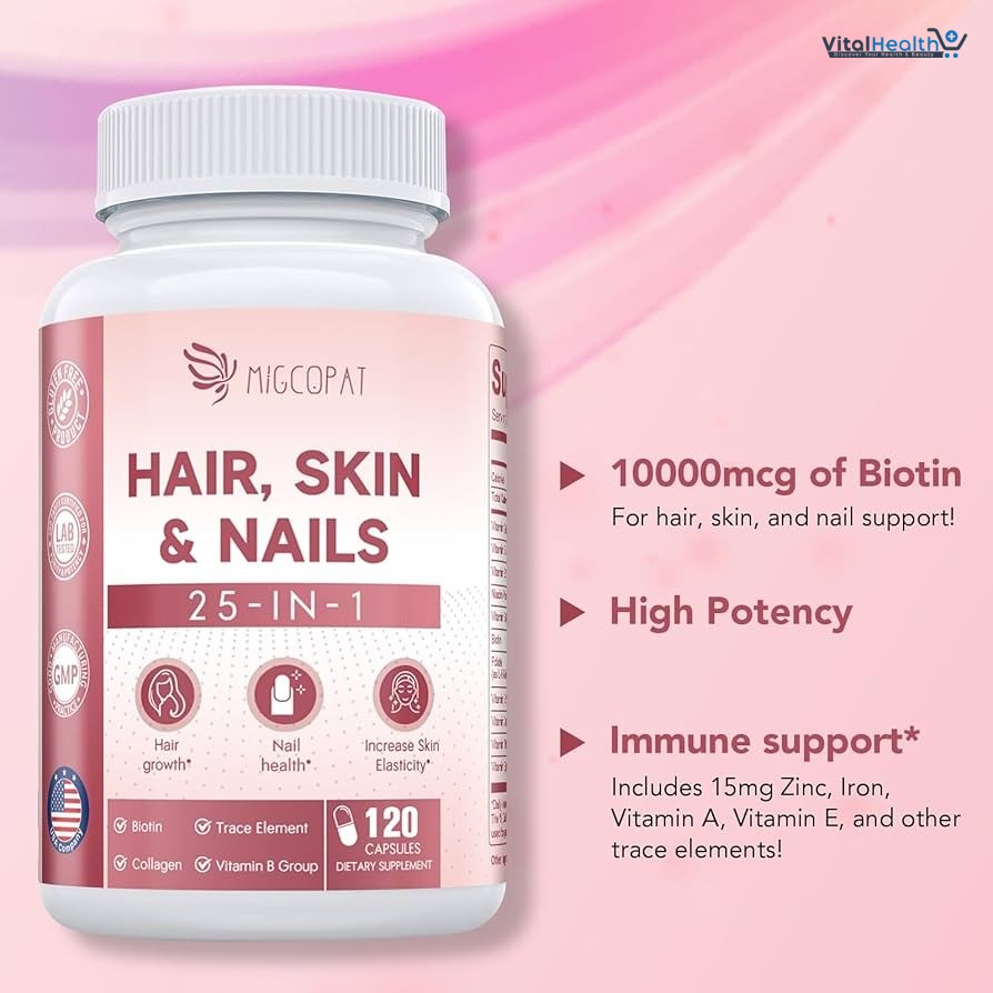 Hair Skin and Nails Vitamins with Biotin, Collagen & Hyaluronic Acid, Supports Healthy Hair Growth, Strong Nails & Glowing Skin, Biotin Supplement with Vitamins A, C, D3, E, B Complex & Minerals
