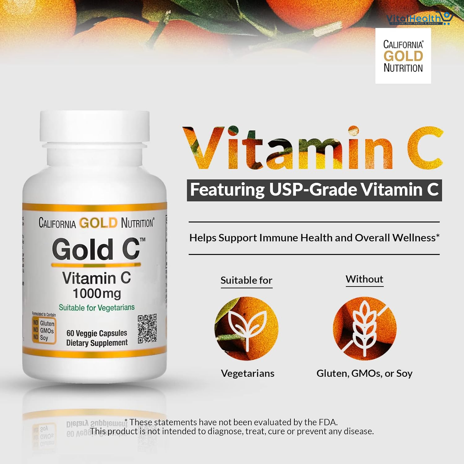 California Gold Nutrition Gold C®, USP Grade Vitamin C, 1,000 mg, 60 Veggie Capsules