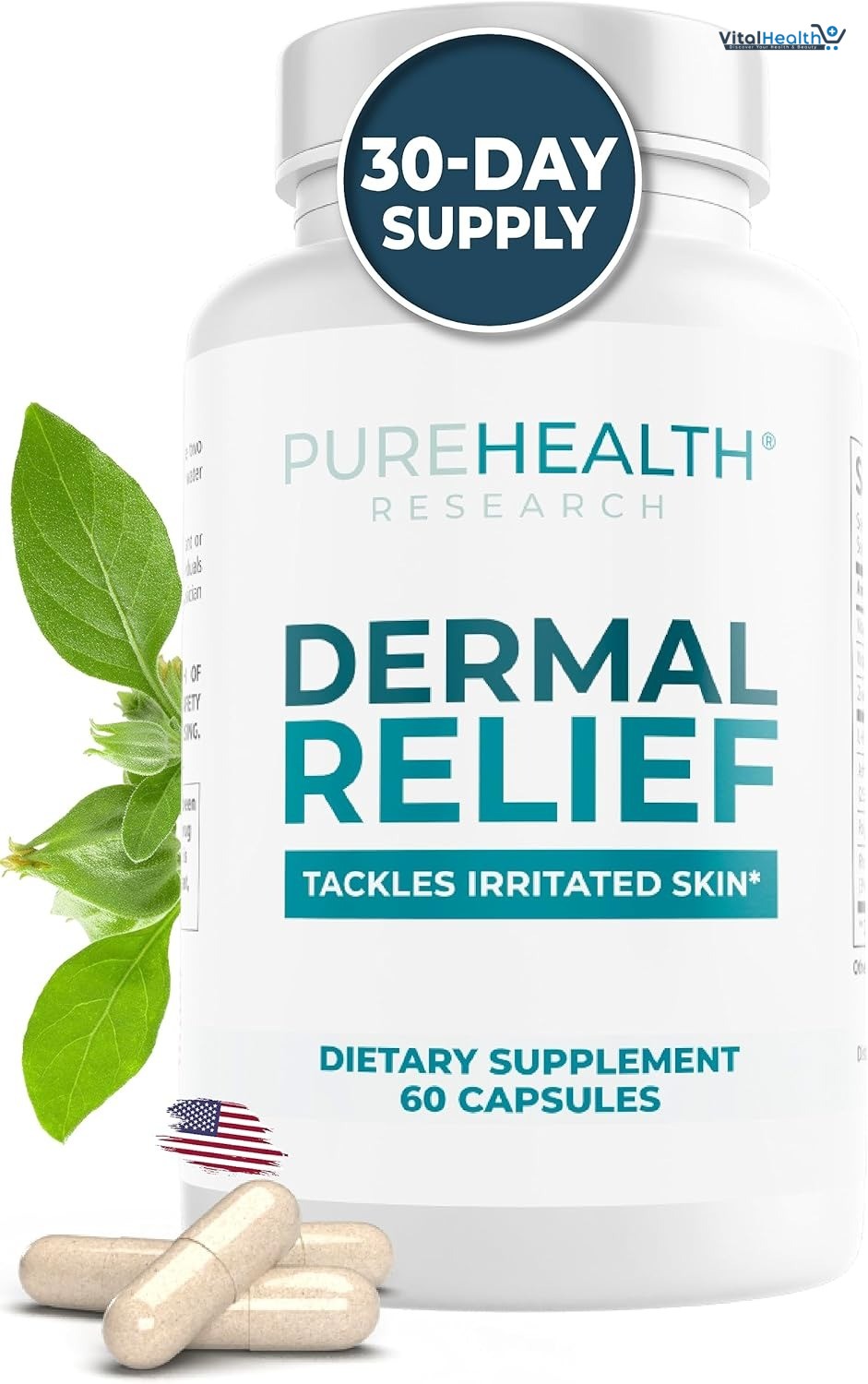 PUREHEALTH RESEARCH Dermal Relief Supplements - for Irritated Skin, Eczema and Dermatitis with L-Histidine, Ashwagandha Root Extract, Rhodiola Crenulata, Vitamin D and E - 1 Bottle - 60 Capsules