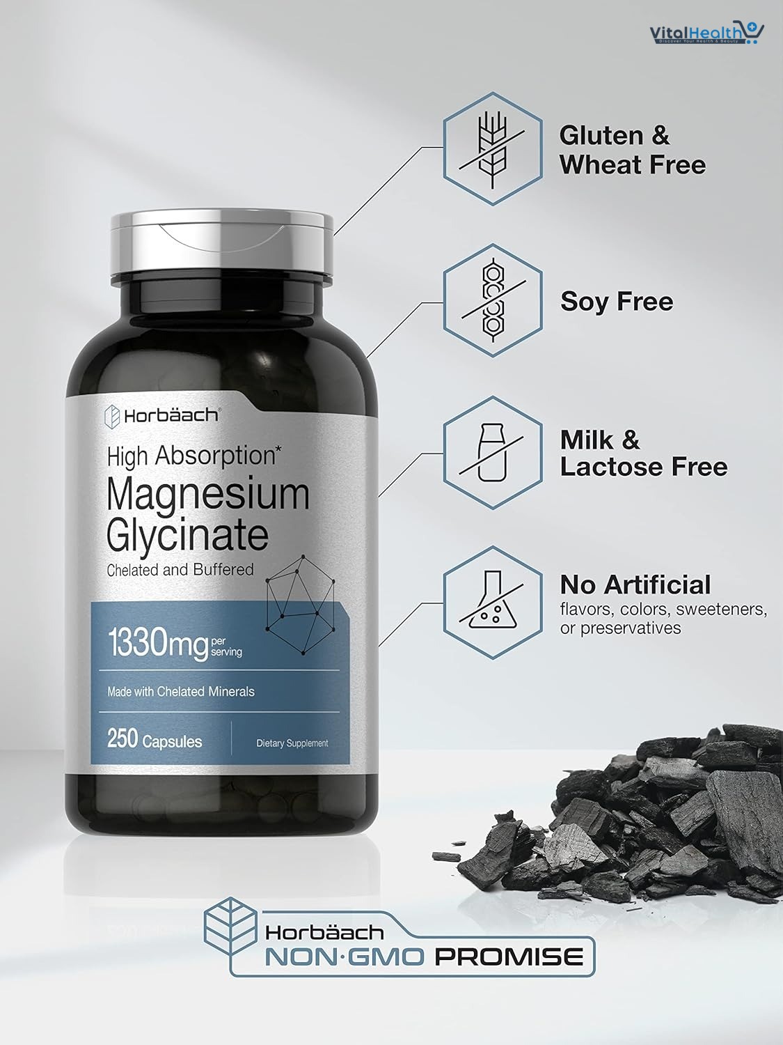 Horbäach Buffered Magnesium Glycinate | 1330mg | 250 Capsules | with Chelated Minerals | Non-GMO, Gluten Free