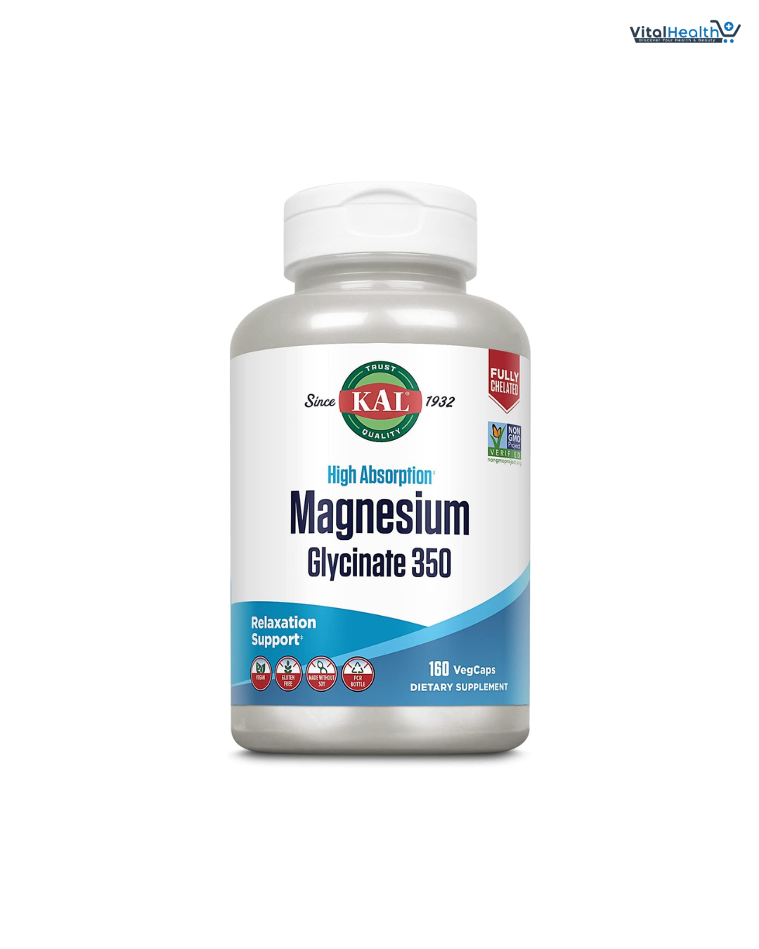 KAL Magnesium Glycinate, New & Improved Fully Chelated High Absorption Formula with BioPerine, Bisglycinate Chelate for Stress, Relaxation, Muscle & Bone Health Support, 60 Servings, 240 VegCaps