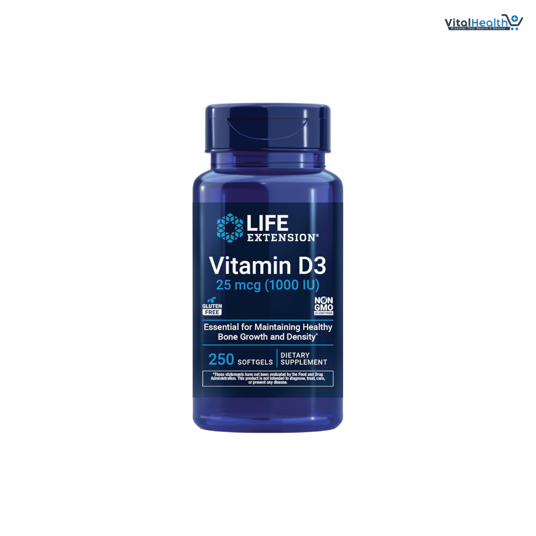 Life Extension Vitamin D3 25 mcg (1000 IU), Immune System Support, Bone Health, Whole-Body Health, Value Size, Gluten-Free, Non-GMO, 250 softgels