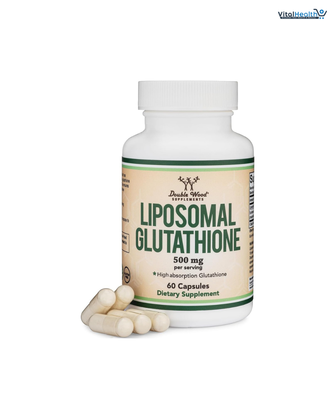 Liposomal Glutathione Supplement 500mg per Serving, 60 Capsules (Vegan Safe, Non-GMO) Max Absorption Liposomal Glutathione with Genuine Smell and Taste by Double Wood