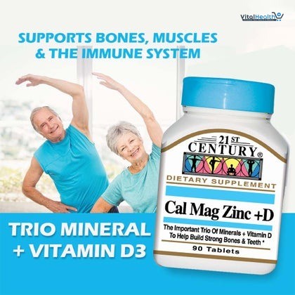 21st Century Calcium Magnesium Zinc +D Tablets, 90 Count for Bone Health