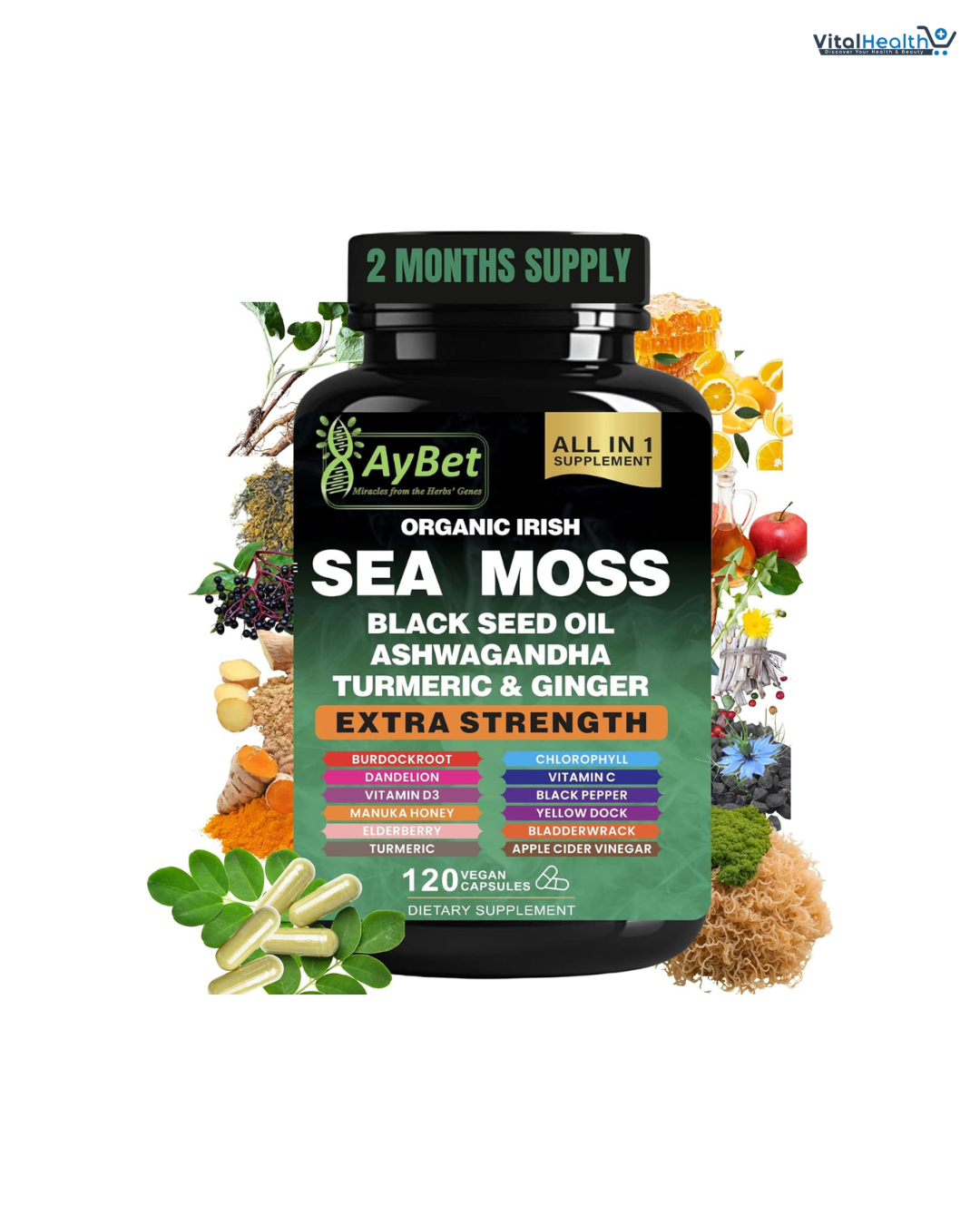 AyBet Organic Irish Sea Moss, Black Seed Oil, Ashwagandha, Turmeric,Ginger Capsule _ 120 Count