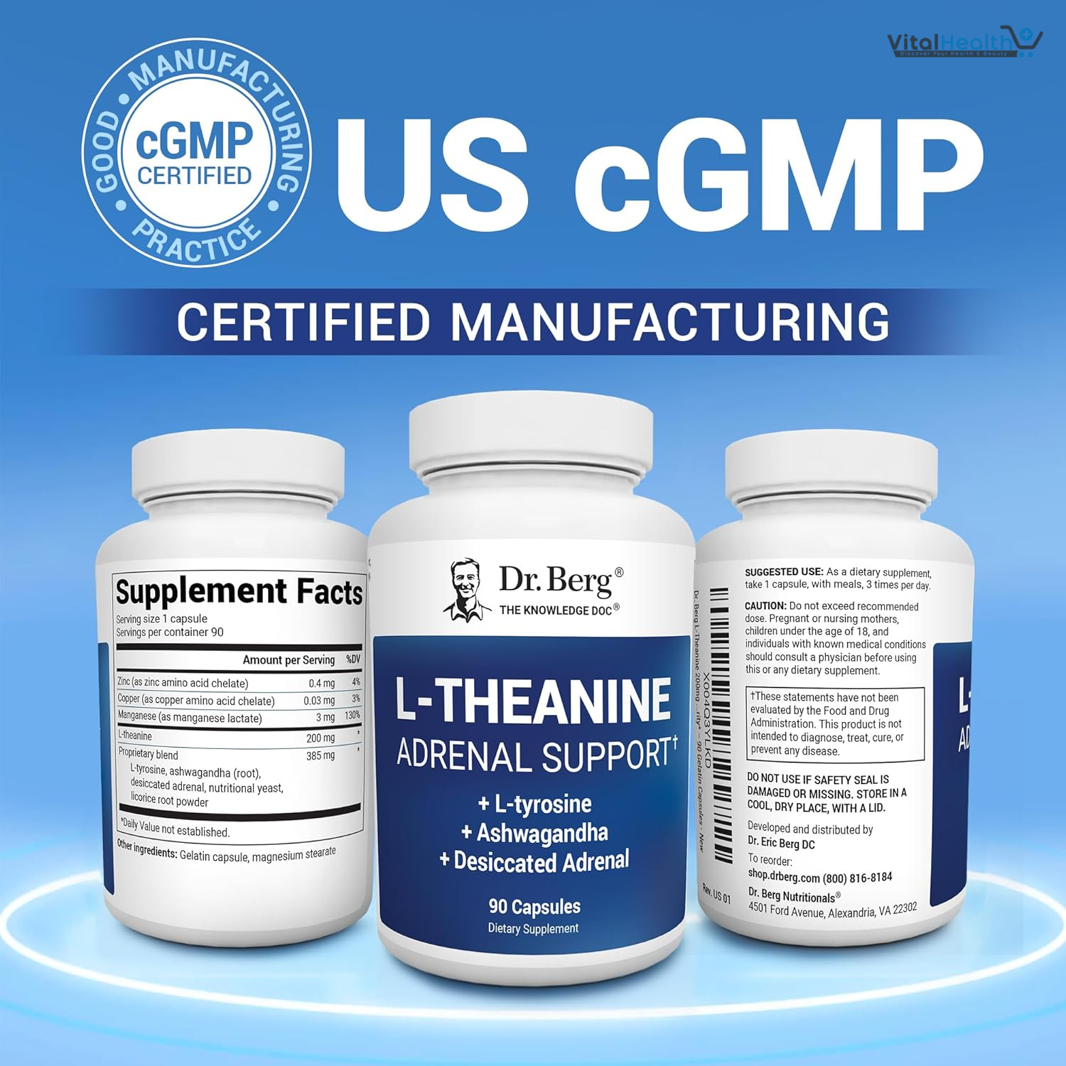 Dr. Berg L-Theanine 200mg - Includes Zinc, Copper, L-Tyrosine, & Ashwagandha – L-Theanine Supplement Adrenal Support - for Relaxation, Stress Relief, and Mental Clarity* – 90 Gelatin Capsules