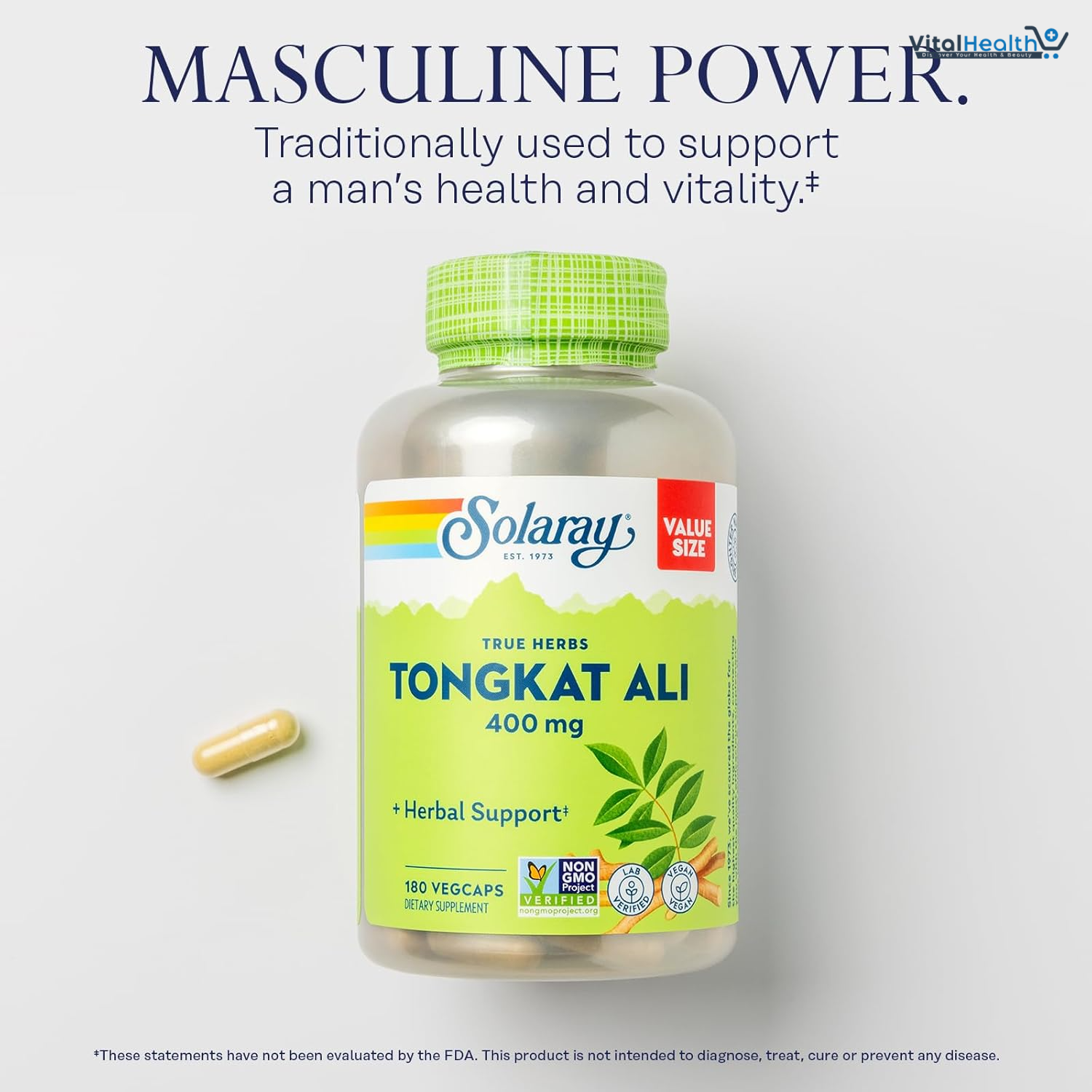 SOLARAY Tongkat Ali 400 mg - Longjack Tongkat Ali for Men - Herbal Support for Men's Health and Vitality - Vegan, Non-GMO, Lab Verified - 180 Servings, 180 VegCaps