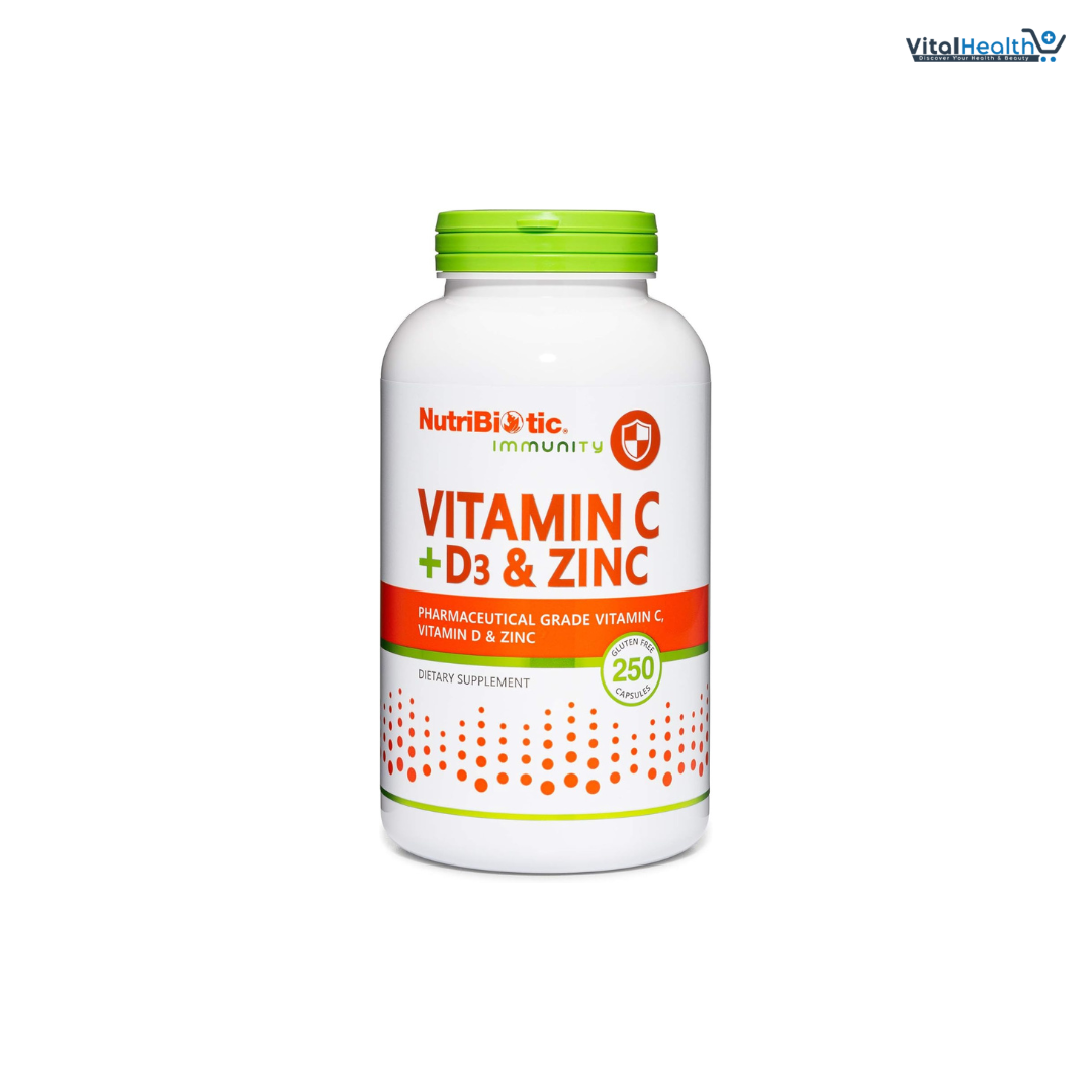 NutriBiotic – Vitamin C + Vitamin D3 & Zinc, 250 Capsules | Potent, Comprehensive Immune Support | Essential & Antioxidant Daily Supplement | Gluten & GMO Free
