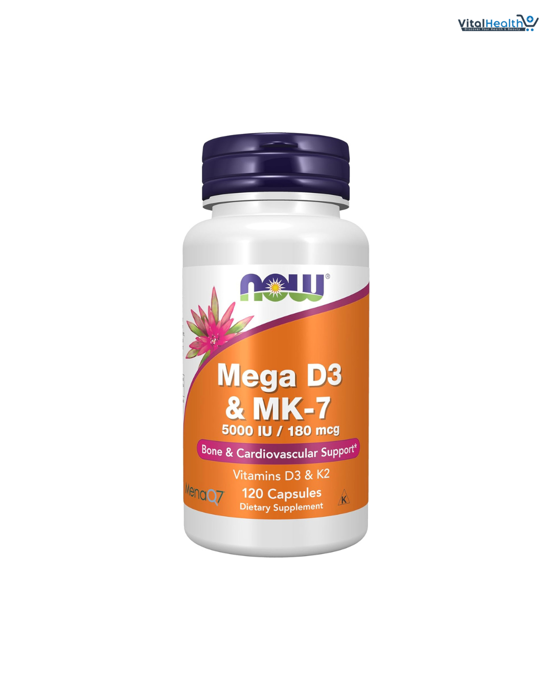 NOW Supplements, Mega D-3 & MK-7, 5000 IU / 180 mcg, Bone & Cardiovascular Support, Vitamins K-3 & K-2, 120 Capsules