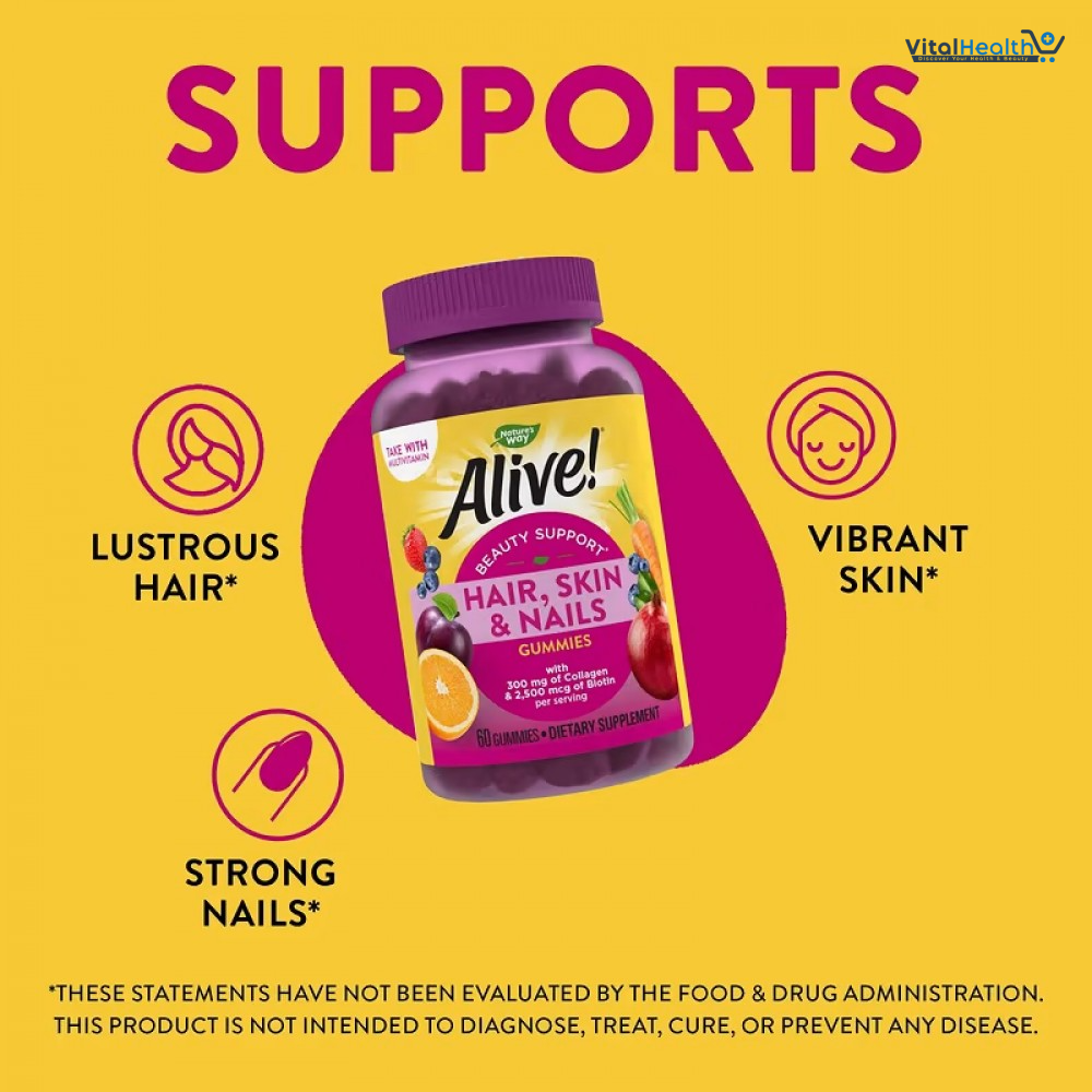 Nature's Way Alive! Hair, Skin & Nails Gummy Supplement, Advanced Beauty Formula*, with Collagen 100 mg & Biotin 2500 mcg per 2-gummies, Strawberry Flavored, 60 Gummies