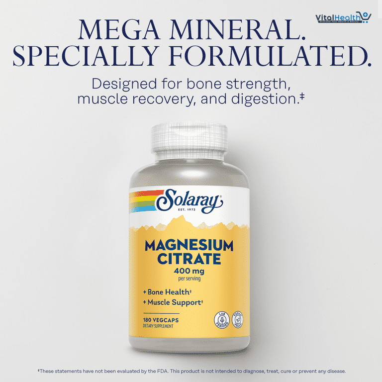 SOLARAY Magnesium Citrate 400mg - Magnesium Supplement - Bone Health, Muscle, Relaxation and Heart Health Support - Vegan, Gluten Free - 30 Servings, 90 VegCaps